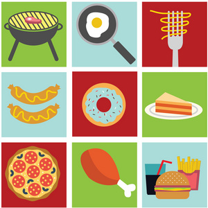 快餐食品丰富多彩的平面设计图标设置。针对 web 和移动应用程序的模板元素