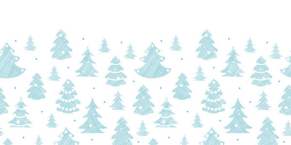 蓝色装饰圣诞树木剪影纺织水平边框无缝图案背景