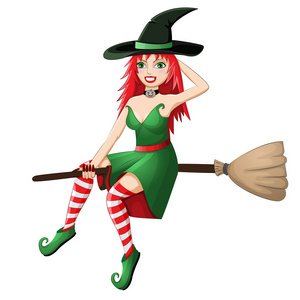 飞行扫帚孤立在白色背景上的漂亮的红头发女巫
