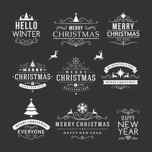 圣诞装饰集书法和排版的设计元素 标签 符号 图标 对象和节日的祝福