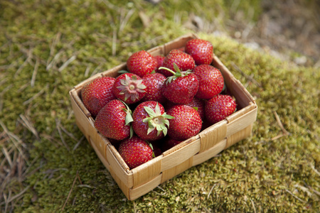 在一个小的木制篮子的草莓