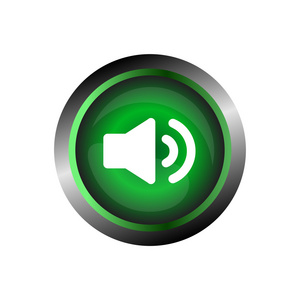 扬声器声音图标按钮，有光泽的绿色背景上孤立