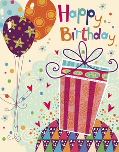漂亮的快乐生日贺卡用礼品和气球在明亮的颜色。可爱的卡通矢量。生日贺卡