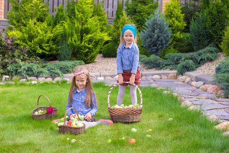 两个小快乐女孩与伟大的秋季收获，西红柿在篮子里