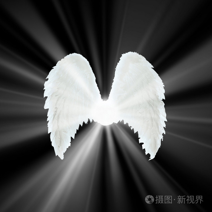 在黑色的背景光白色的守护天使翅膀r