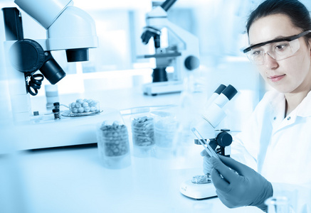 在实验室里对食品质量的女人实验室助理照片