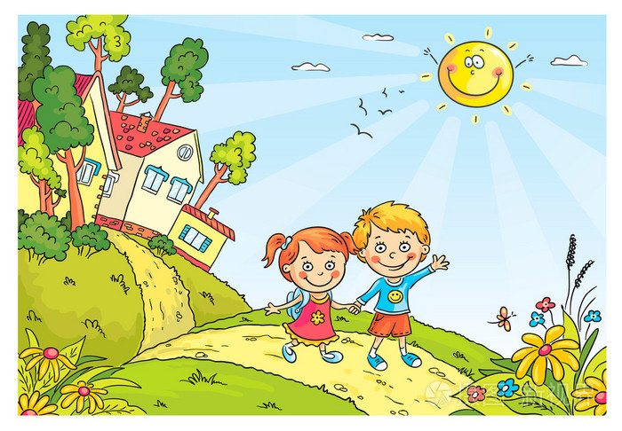 孩子们在乡村散步