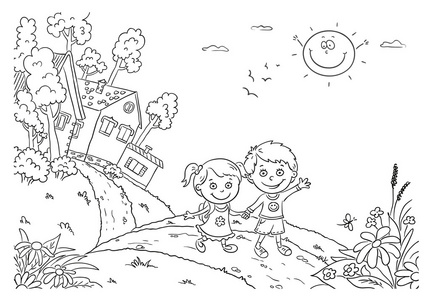 孩子们在乡村散步照片