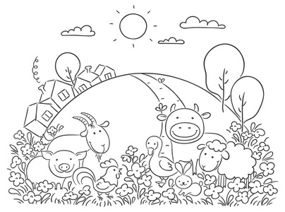 素描景观和山羊农场里的动物和绿色的山照片