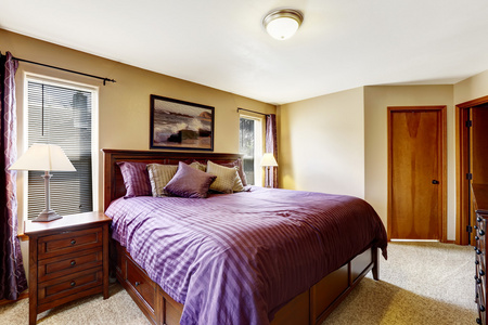 豪华卧室家具与明亮的紫色床上用品