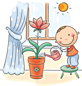 父母做家务孩子帮助父母做家务 — — 给花浇水照片