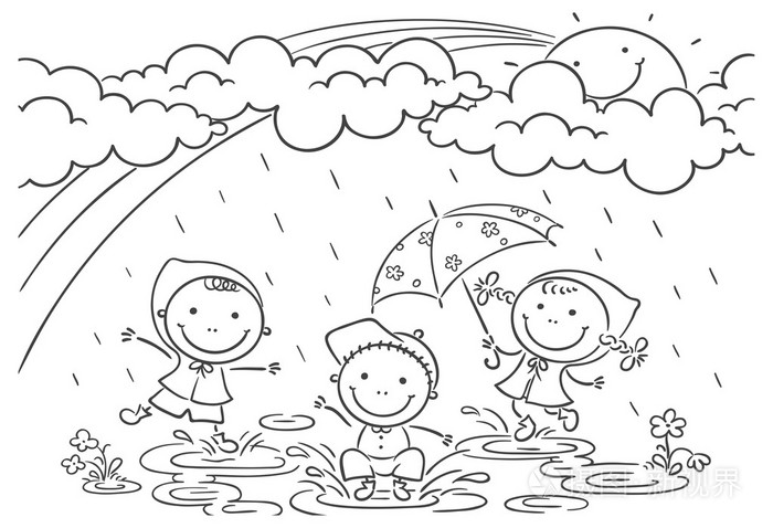 孩子们在雨中嬉戏玩耍插画-正版商用图片1grt9b-摄图新视界