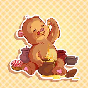 吃蜂蜜持有可爱泰迪熊白色上孤立的小男孩白色背景上可爱的卡通泰迪熊