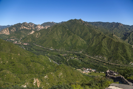 中国, 巨永关。长城和广沟山谷的一部分景观