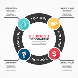 矢量圆图。用于图表 图形 演示文稿和图表的模板。经营理念与 4 选项 零件 步骤或过程。抽象背景