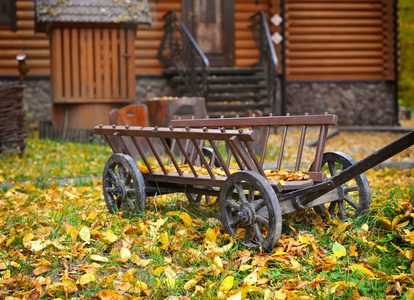 在秋天院子里的老式木制手推车