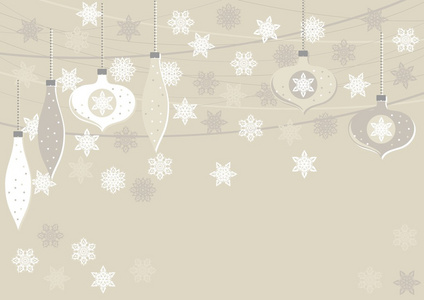 精致白色米色玻璃球和花边雪花冬天假日插图与地方为你文本圣诞新年水平异型贺卡在明亮的背景上