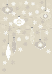 精致白色米色玻璃球和花边雪花冬天假日插图与地方为你文本圣诞新年垂直状的贺卡在明亮的背景上