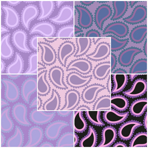 一套带紫色色调中的装饰元素的抽象无缝模式。矢量 eps 10