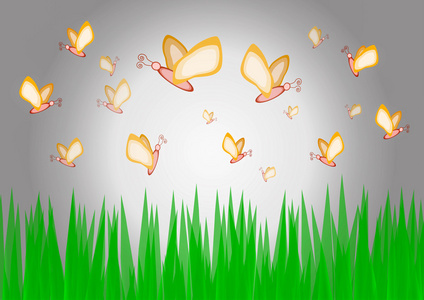 蝴蝶与绿草背景矢量图
