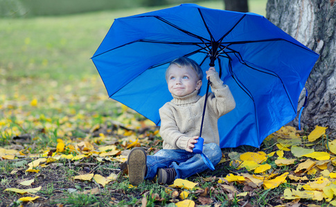 可爱的孩子与伞秋天
