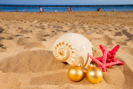 贝壳和海滩上的圣诞装饰品