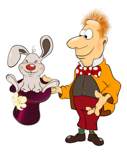 采耳师魔术师和兔子卡通照片