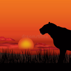 非洲风景与动物剪影。热带草原日落背景。