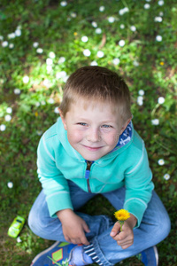 一个可爱的小男孩坐在草地上的画像