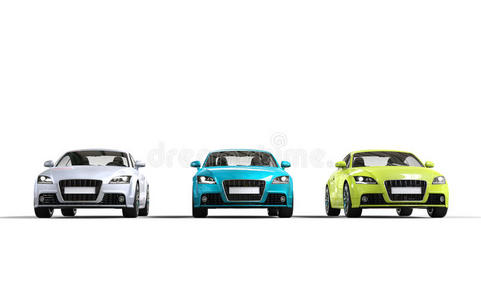 现代汽车白色，蓝色和绿色