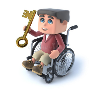 坐轮椅的3D男孩有一把金钥匙
