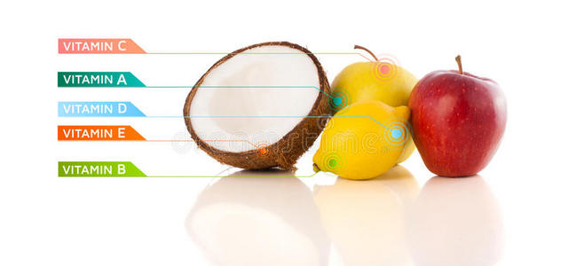 健康水果，带有丰富多彩的维生素符号和图标