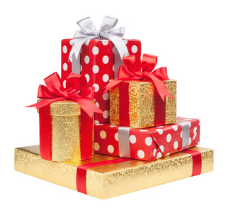 红色 条纹和黄金礼品包装盒绑上白色的弓