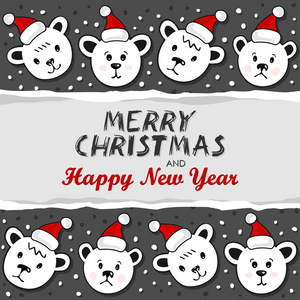 北极熊在圣诞老人帽子圣诞冬季假期横向卡撕碎的纸片与圣诞节祝愿英语在深色背景上