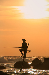 在落日，加勒，斯里兰卡的棍子渔夫的剪影