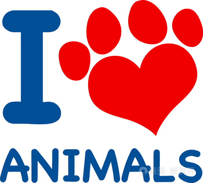 我爱动物文本与心爪子印在红色和蓝色