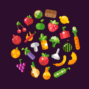 平面设计的水果和蔬菜图标复合的插图