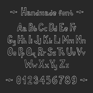 简单的黑白手绘制的字体。完成 abc 字母集。矢量字母和数字。嘟嘟印刷符号