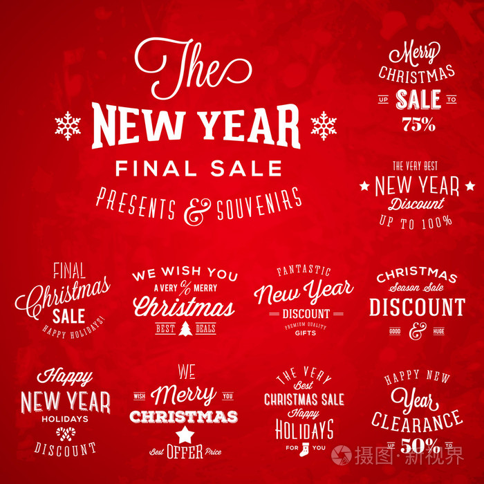 圣诞节和新年的老式字体标签假期销售和折扣红色背景上