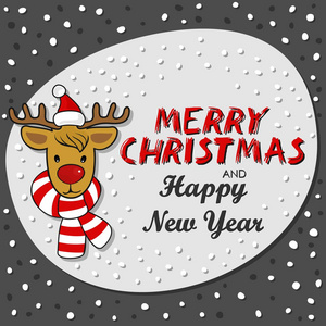 红鼻子驯鹿在圣诞老人的帽子和彩色围巾冬季假期卡在黑暗的背景,与