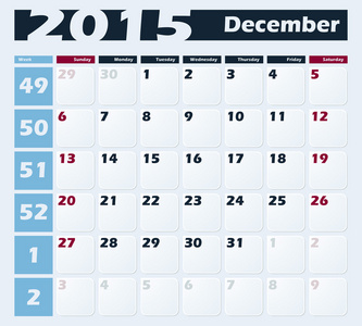 日历 2015年 12 月矢量设计模板