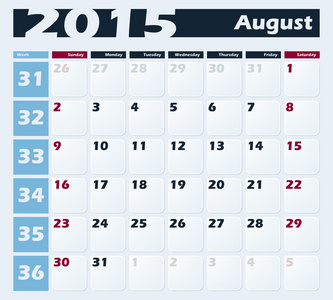 日历 2015年 8 月矢量设计模板
