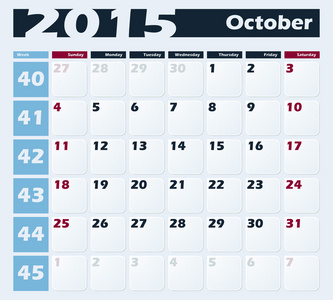 日历 2015年 10 月矢量设计模板