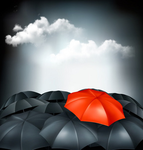在一组的灰色遮阳伞一个红色的伞。唯一性概念