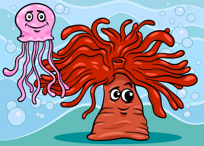 海葵和水母卡通插图