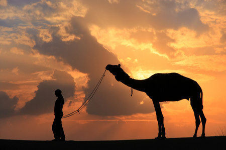 日暮时分，附近 Jais 塔尔沙漠骆驼的剪影的人