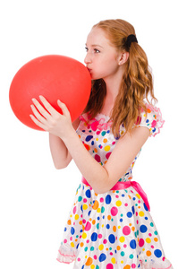红色的气球上白色孤立的年轻女子