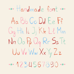 简单的多彩手工绘制的字体。完成 abc 字母集。矢量字母和数字。嘟嘟印刷符号