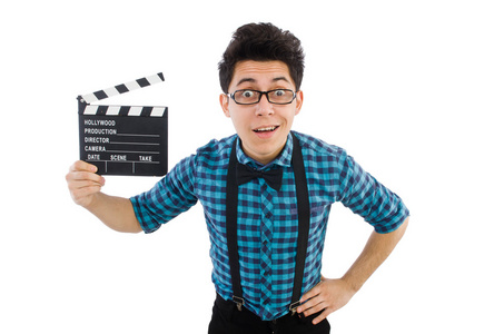 电影 clapperboard 上白色孤立的人