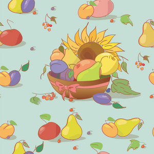 无缝模式水果向日葵浆果叶。秋收的插图